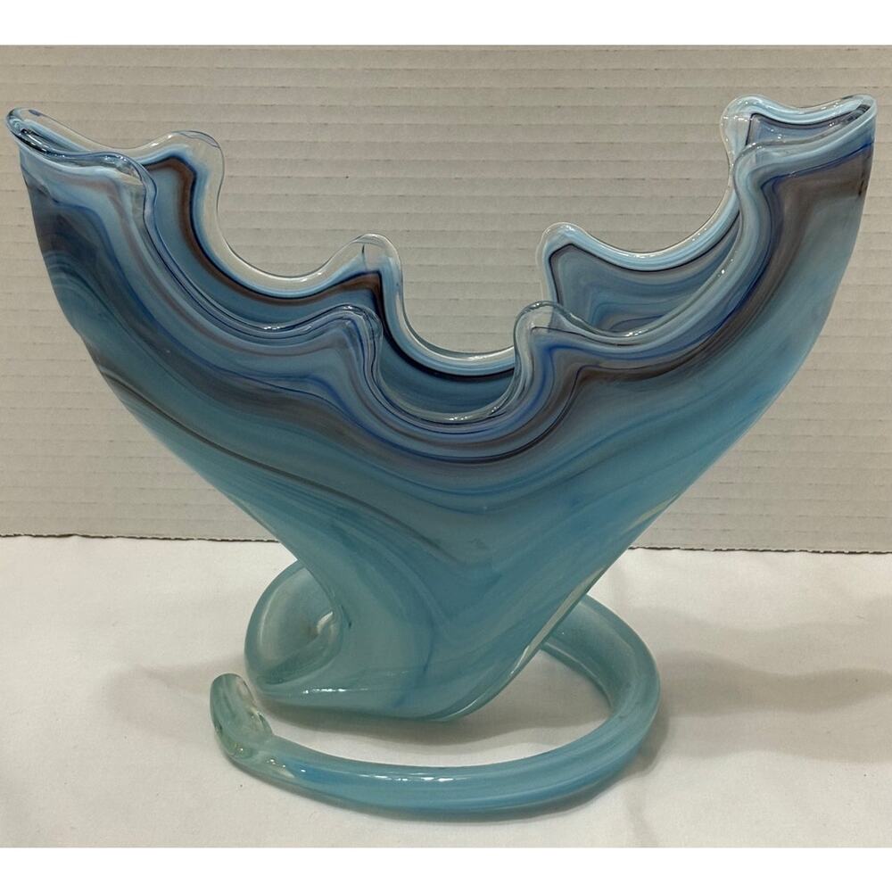 Mid Century Sooner Blue Swirled Glass Free Form Vase-Planter 10"x9"-Hand Blown